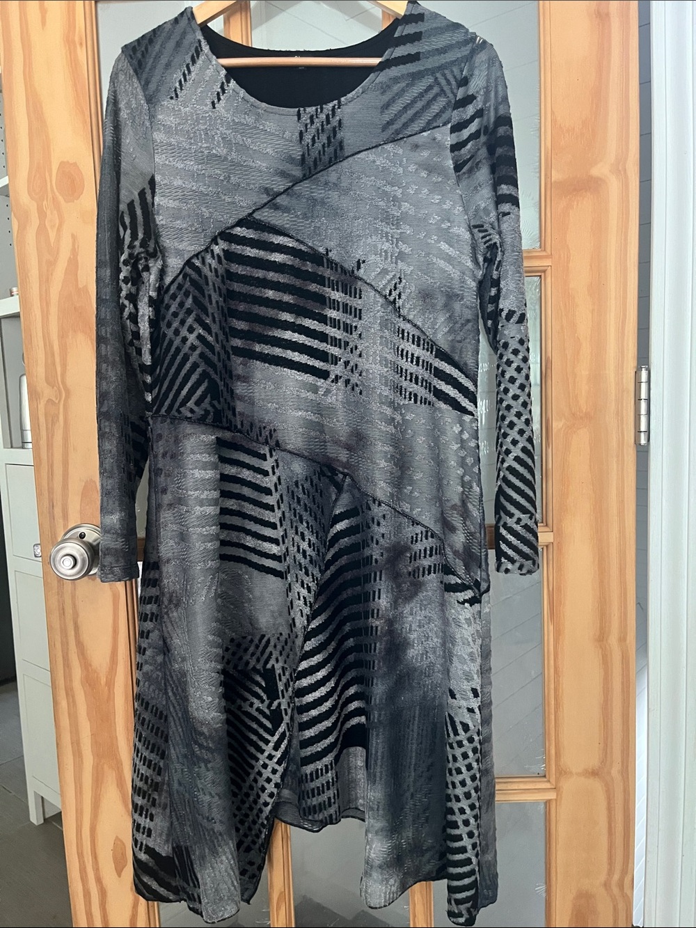 Shana Abstract Artsy Cozy Asymmetrical burnout oversized long sleeve midi dress